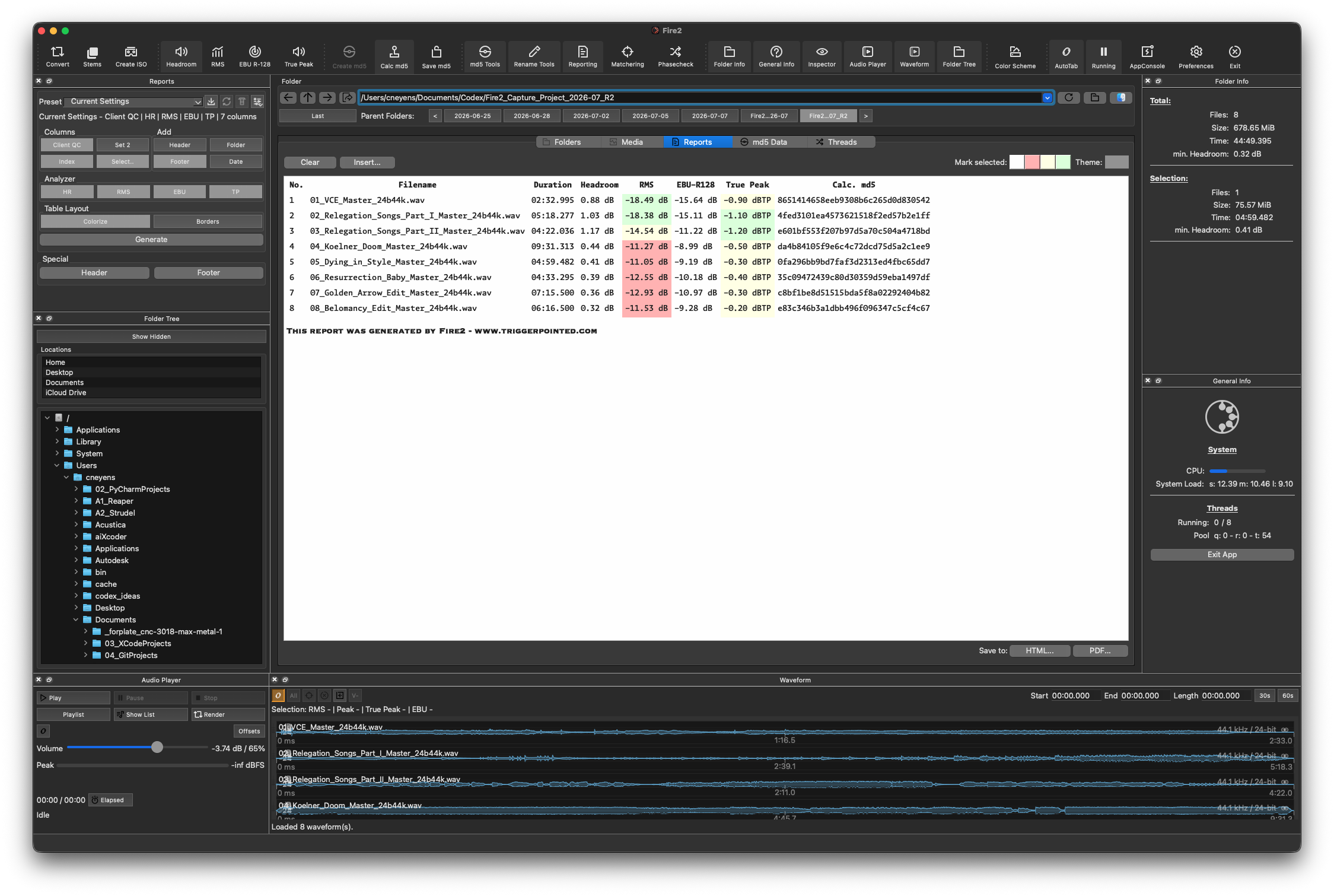 Fire2 light delivery QC report with loudness, true peak, headroom, marks, and checksum results