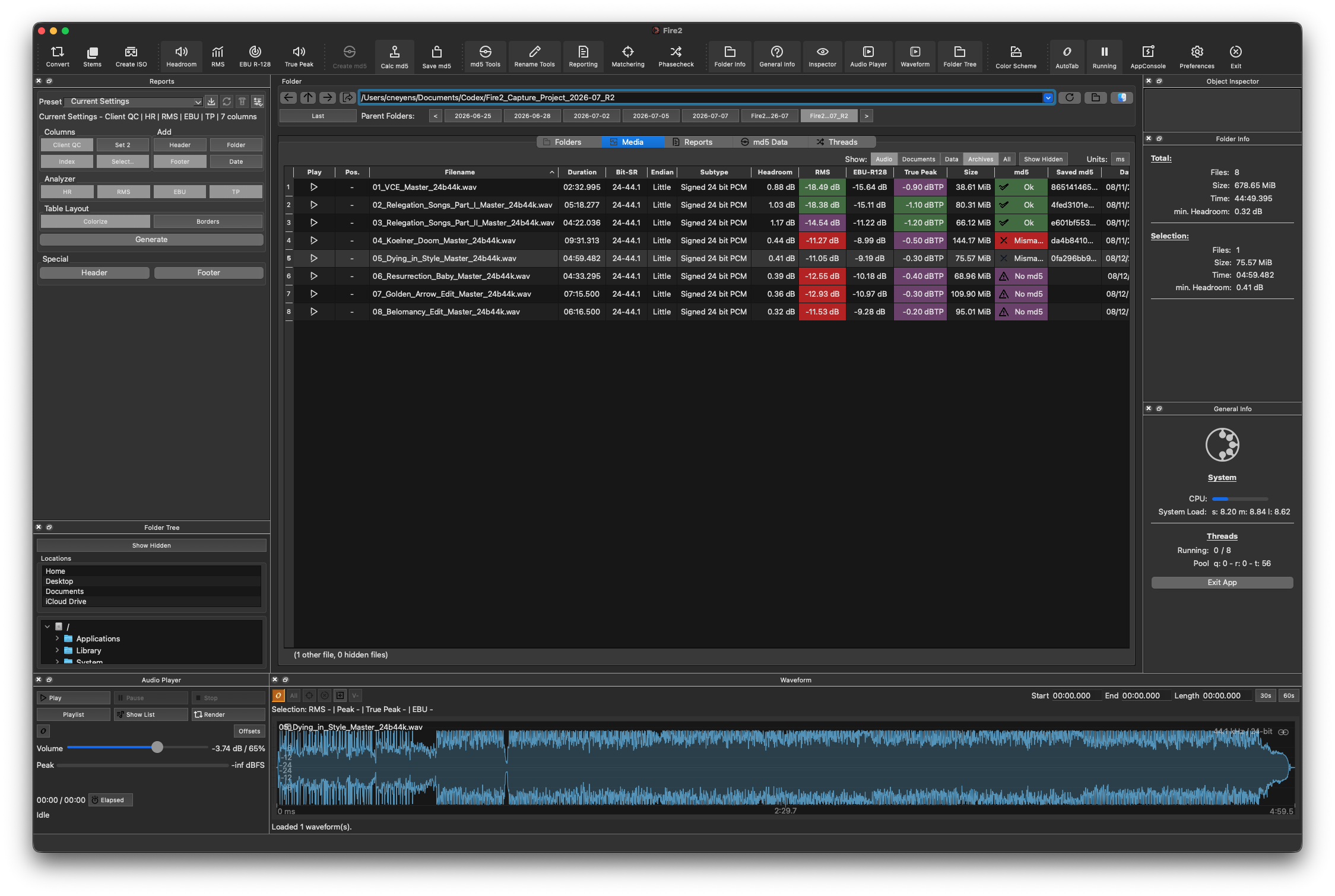 Fire2 mastering delivery workspace with folder tree, audio QC results, loudness analysis, waveform, and checksum states