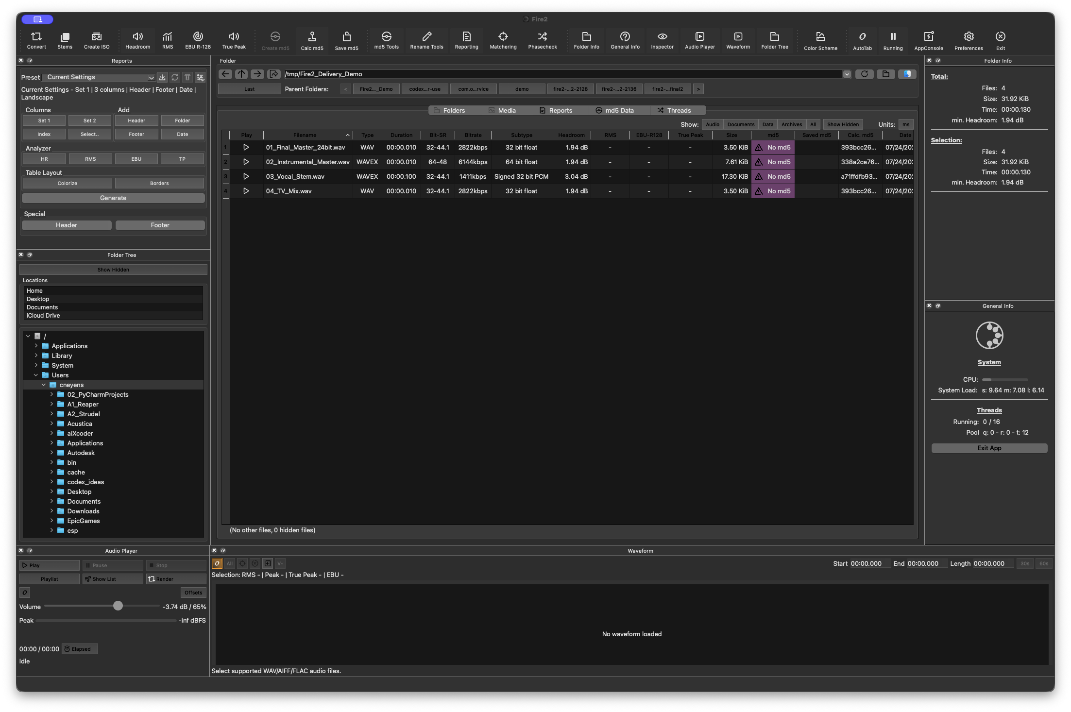 Fire2 delivery workspace with Reporting, Folder Tree, Media, Waveform, Folder Info, and General Info fully visible