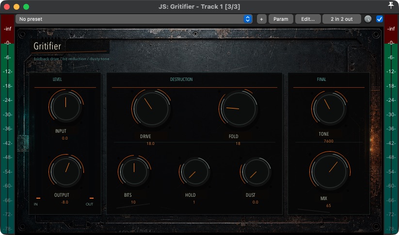 Gritifier 1.3.0 in REAPER with Drive, Fold, Bits, Hold, Dust, Tone, and Mix controls