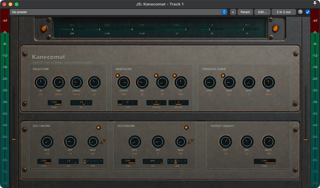 Kanecomat 1.4.3 in REAPER with stereo delay, filters, feedback, drive, ducking, and two LFO matrices
