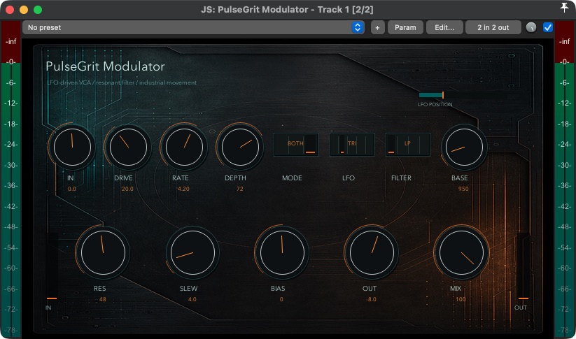 PulseGrit Modulator 1.3.1 in REAPER with drive, LFO, VCA, resonant filter, and mix controls